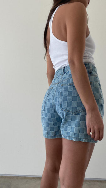 Asymmetrical Checkered Denim Shorts